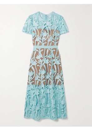 Self-Portrait - Grosgrain-trimmed Embroidered Satin And Guipure Lace Midi Dress - Blue - UK 4,UK 6,UK 8,UK 10,UK 12,UK 14,UK 16