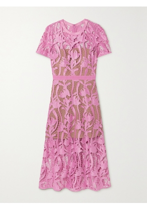 Self-Portrait - Grosgrain-trimmed Embroidered Satin And Guipure Lace Midi Dress - Pink - UK 4,UK 6,UK 8,UK 10,UK 12,UK 14,UK 16