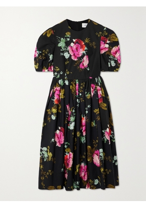 Erdem - Floral-print Gathered Cotton-faille Midi Dress - Black - UK 4,UK 6,UK 8,UK 10,UK 12,UK 14,UK 16,UK 18,UK 20