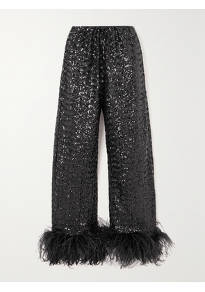 Oséree - Feather-trimmed Sequined Satin Straight-leg Pants - Black - small,medium,large,x large