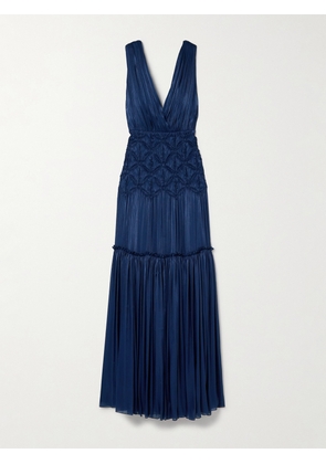 Costarellos - Gathered Tiered Plissé-satin Gown - Blue - FR 34,FR 36,FR 38,FR 40,FR 42,FR 44,FR 46