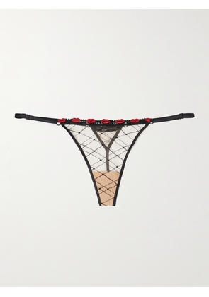 Kiki de Montparnasse - La Bise Silk Blend-trimmed Appliquéd Embroidered Tulle Thong - Black - x small,small,medium,large