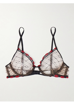 Kiki de Montparnasse - La Bise Silk-blend Trimmed Appliquéd Embroidered Tulle Underwired Soft-cup Demi Bra - Black - 32A,34A,32B,34B,36B,32C,34C,36C,32D,34D,36D