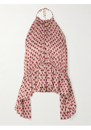 LIBEROWE - Dhalia Gathered Printed Satin Halterneck Peplum Top - x small,small,medium,large,x large