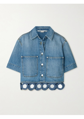 Stella McCartney - Cropped Embellished Crochet-trimmed Denim Shirt - Blue - xx small,x small,small,medium,large,x large