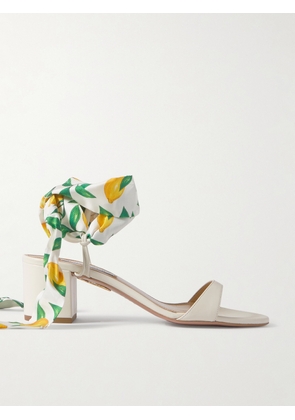 Aquazzura - Twilly 50 Printed Silk Twill-trimmed Leather Sandals - White - IT35,IT35.5,IT36,IT36.5,IT37,IT37.5,IT38,IT38.5,IT39,IT39.5,IT40,IT40.5,IT41,IT41.5,IT42