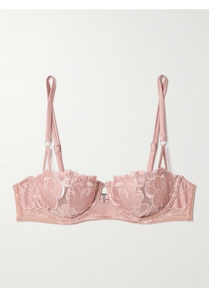 FLEUR DU MAL - Silk-blend Satin-trimmed Embroidered Tulle Underwired Soft-cup Balconette Bra - Pink - 32B,34B,36B,32C,34C,36C,32D,34D,36D,32DD,34DD,36DD,34F