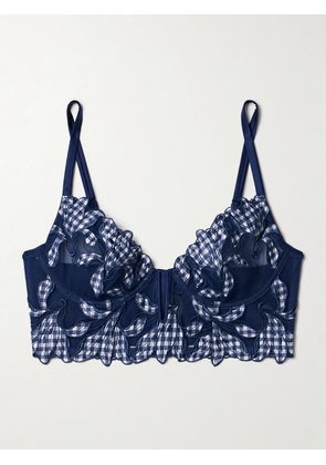 FLEUR DU MAL - Lily Embroidered Silk-blend Satin Tulle Underwired Soft-cup Bra - Blue - 32B,34B,36B,32C,34C,36C,32D,34D,36D,32DD,34DD,36DD