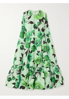 Erdem - Belted Cape-effect Tiered Floral-print Crinkled-taffeta Midi Dress - Green - UK 8,UK 10,UK 12,UK 14