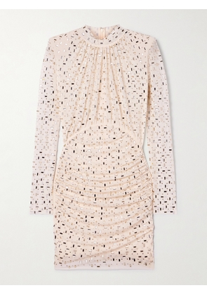 Self-Portrait - Embellished Gathered Mesh Turtleneck Mini Dress - Cream - UK 4,UK 6,UK 8,UK 10,UK 12,UK 14