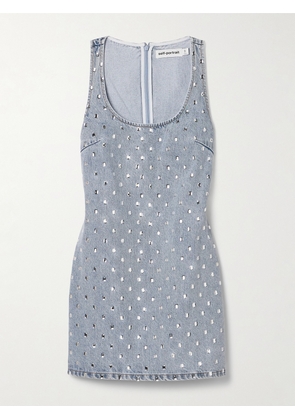 Self-Portrait - Crystal-embellished Denim Mini Dress - Blue - UK 4,UK 6,UK 8,UK 10,UK 12,UK 14