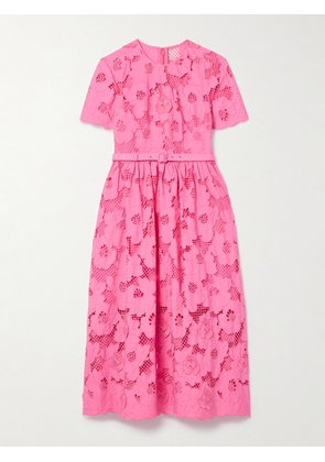 Self-Portrait - Belted Cotton-blend Guipure Lace Midi Dress - Pink - UK 4,UK 6,UK 8,UK 10,UK 12,UK 14,UK 16