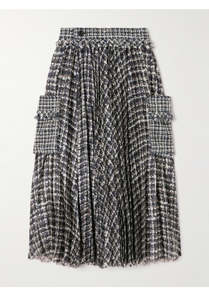 Sacai - Wool-blend Tweed-trimmed Pleated Printed Poplin Midi Skirt - Black - 1,2,3,4