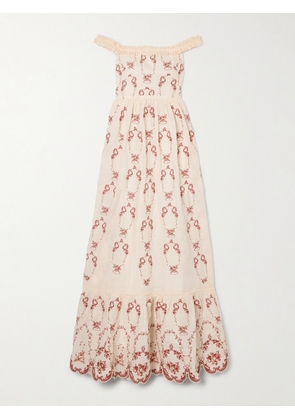 Agua by Agua Bendita - Off-the-shoulder Shirred Tiered Embroidered Linen Maxi Dress - Cream - x small,small,medium,large,x large