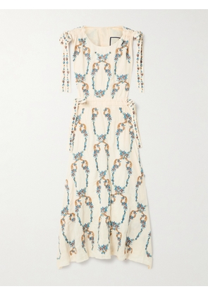 Agua by Agua Bendita - Guaguancò Florero Tie-detailed Cutout Embroidered Linen Midi Dress - Cream - x small,small,medium
