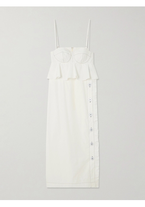 Kika Vargas - Leymah Topstitched Ruffled Cotton-poplin Peplum Midi Dress - White - xx small,x small,small,medium,large,x large