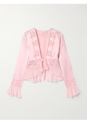 LOVESHACKFANCY - Vivetta Embellished Lace And Chiffon-trimmed Silk-charmeuse Top - Pink - x small,small,medium,large,x large