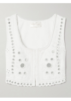 LOVESHACKFANCY - Cayman Cropped Paillette-embellished Embroidered Linen Top - White - US0,US2,US4,US6,US8,US10
