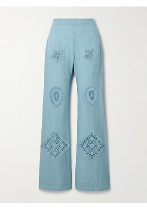 ALIX OF BOHEMIA - Charlie Guipure Lace-trimmed Linen Flared Pants - Blue - x small,small,medium,large