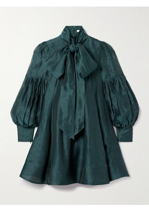 Zimmermann - Pavillion Tie-neck Pleated Linen And Silk-blend Organza Mini Dress - Green - 00,1,2,3,4
