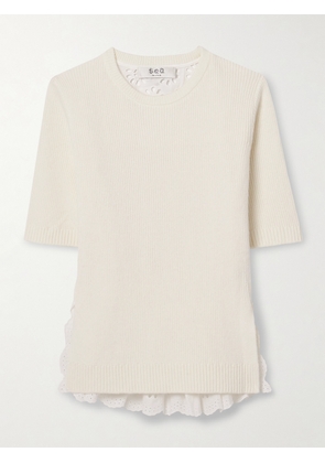 Sea - Lennon Ribbed Merino Wool-blend And Broderie Anglaise Cotton Top - Cream - xx small,x small,small,medium,large