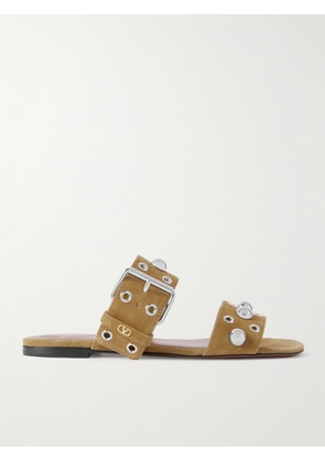 Valentino Garavani - Nellcôte Embellished Suede Slides - Brown - IT35,IT36,IT37,IT37.5,IT38,IT38.5,IT39,IT39.5,IT40,IT40.5,IT41,IT41.5,IT42