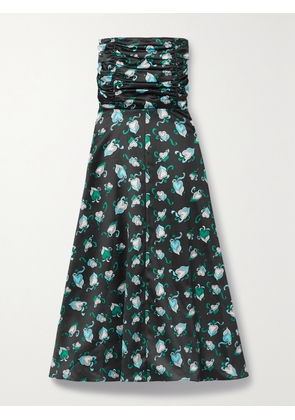 HVN - Karla Strapless Ruched Printed Satin Midi Dress - Black - US0,US2,US4,US6,US8,US10,US12