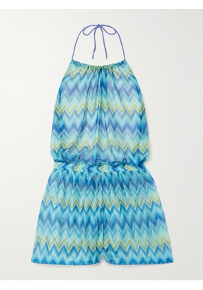 Missoni - Open-back Printed Stretch-tulle Halterneck Playsuit - Blue - IT36,IT38,IT40,IT42,IT44,IT46,IT48