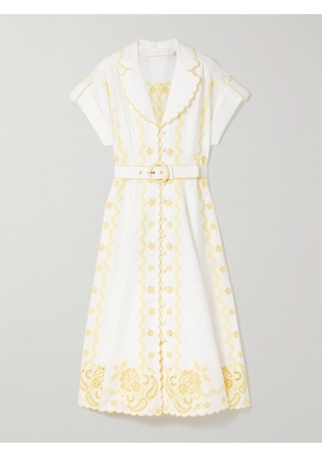 Zimmermann - Lucky Belted Broderie Anglaise Linen Midi Shirt Dress - White - 00,0,1,2,3,4