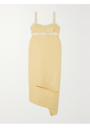 Sacai - Asymmetric Paneled Wool-crepe And Chiffon Midi Dress - Yellow - 1,2,3,4