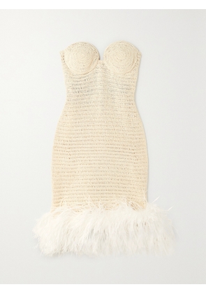 Magda Butrym - Strapless Feather-trimmed Crocheted Cotton-blend Mini Dress - Cream - FR 34,FR 36,FR 38,FR 40,FR 42