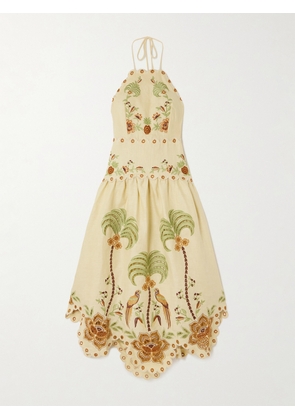 Farm Rio - Scalloped Broderie Anglaise Linen Halterneck Dress - Neutrals - xx small,x small,small,medium,large,x large