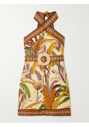 Farm Rio - Belted Printed Linen Halterneck Mini Dress - Neutrals - xx small,x small,small,medium,large,x large