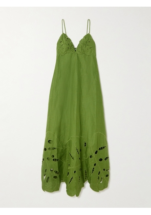 Farm Rio - Appliquéd Broderie Anglaise Linen Midi Dress - Green - xx small,x small,small,medium,large,x large