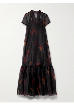 STAUD - Calluna Tie-neck Tiered Printed Organza Maxi Dress - Black - x small,small,medium,large,x large