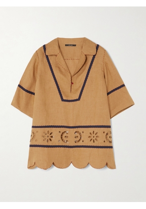 Vita Kin - Emma Topstitched Broderie Anglaise Linen Blouse - Brown - small,medium