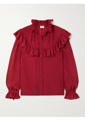 SAINT LAURENT - Ruffled Floral Silk-jacquard Blouse - Red - FR 34,FR 36,FR 38