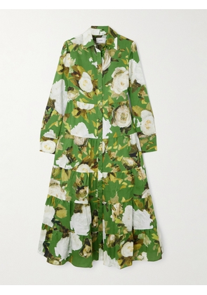 Erdem - Tiered Floral-print Cotton-voile Midi Shirt Dress - Green - UK 4,UK 6,UK 8,UK 10,UK 12,UK 14,UK 16,UK 18,UK 20,UK 22