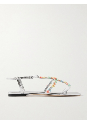 Jimmy Choo - Gwyn Bead-embellished Metallic Leather Sandals - Silver - IT36,IT36.5,IT37,IT37.5,IT38,IT38.5,IT39,IT39.5,IT40,IT41,IT41.5,IT42,IT43
