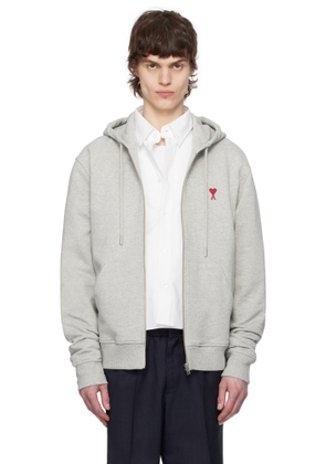 AMI Paris Gray Cotton Ami de Coeur Zipped Hoodie