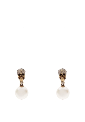 Alexander McQueen Pearl Skull Earrings In Antiqued Gold
