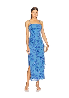 MINKPINK Jeanne Ruffle Maxi Dress in Blue. Size XS.