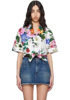 Dolce & Gabbana White Cotton Pussy-Bow Floral Print Shirt