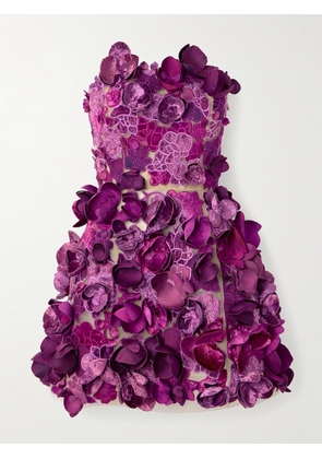 Oscar de la Renta - Strapless Floral-appliquéd Mesh Mini Dress - Purple - US2,US4,US6