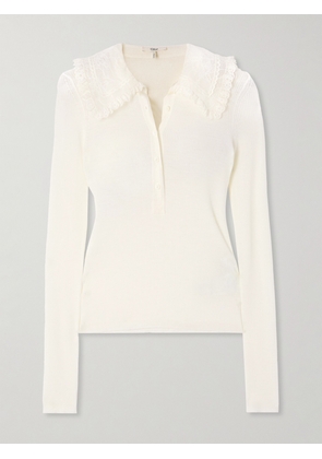 Chloé - Lace-trimmed Ribbed Wool Polo Shirt - White - FR 34,FR 36,FR 38,FR 40,FR 42,FR 44,FR 46
