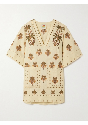 Farm Rio - Studded Embroidered Linen Mini Dress - Neutrals - xx small,x small,small,medium,large,x large