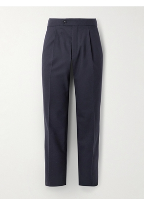 Brioni - Firenze Tapered Pleated Leather-Trimmed Grain de Poudre Wool Trousers - Men - Blue - IT 46