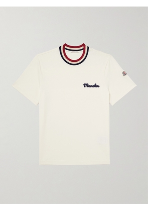 Moncler - Striped Stretch-Knit Trimmed Logo-Appliquéd Cotton-Jersey T-Shirt - Men - Neutrals - S