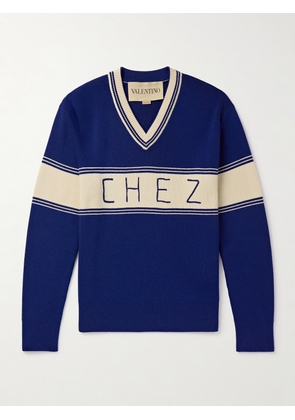 Valentino Garavani - Embroidered Striped Virgin Wool and Cotton-Blend Sweater - Men - Blue - S