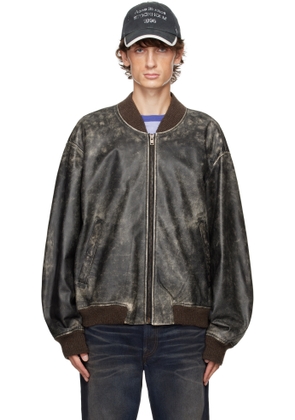 Acne Studios Black Distressed Leather Bomber Jacket